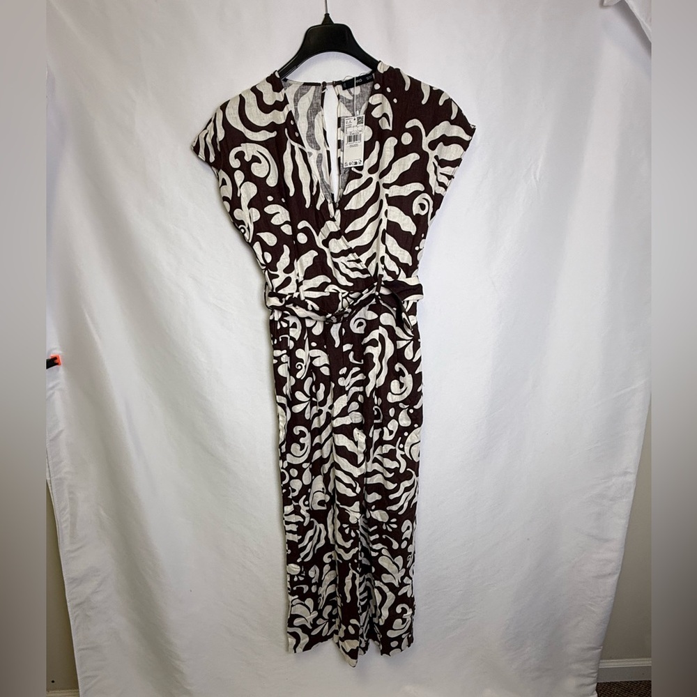 Mango Print Wide Leg Linen Blend Jumpsuit in Brown/Cream NWT sz S